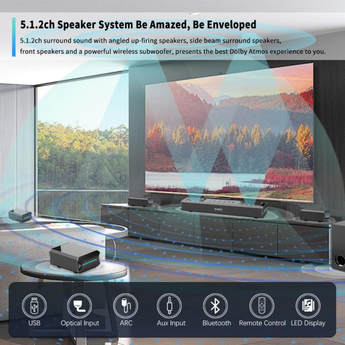 कस्टम निर्मित टीवी साउंड बार स्पीकर ऑडियो सिस्टम वायरलेस सर्राउंड साउंड 5.1.2 सबवूफर के साथ यूएसबी होम थिएटर स्पीकर 0