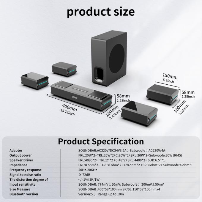 कस्टम निर्मित टीवी साउंड बार स्पीकर ऑडियो सिस्टम वायरलेस सर्राउंड साउंड 5.1.2 सबवूफर के साथ यूएसबी होम थिएटर स्पीकर 8