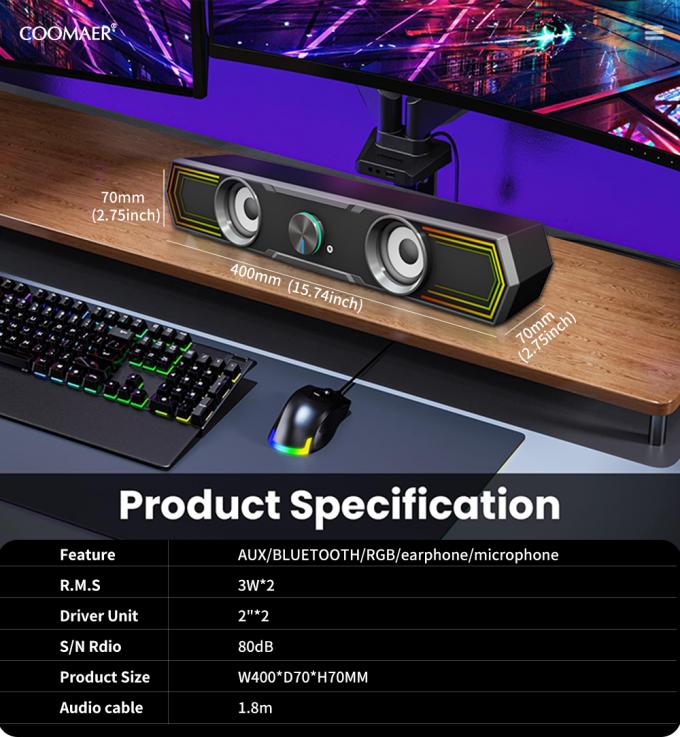 Coomaer ST801 Tailored Solution 2.0 USB Computer Music Speaker Wireless Gaming BT RGB Sound Bar Speakers for Mobile Phone 14